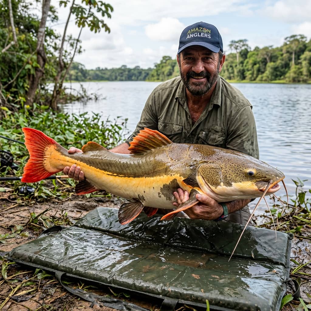 Pescador segurando uma Pirarara gigante na beira do lago