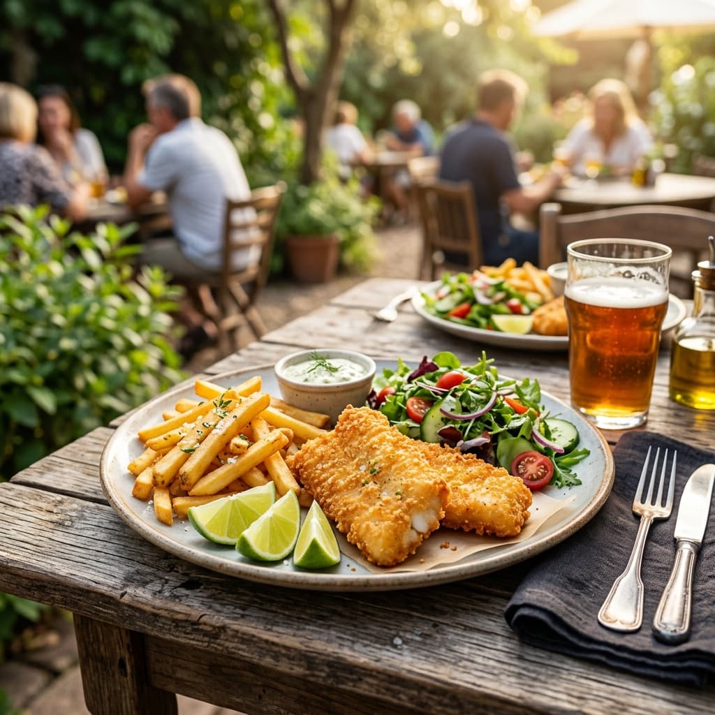 Almoço completo com porção de peixe frito, batatas fritas, arroz, salada e feijão