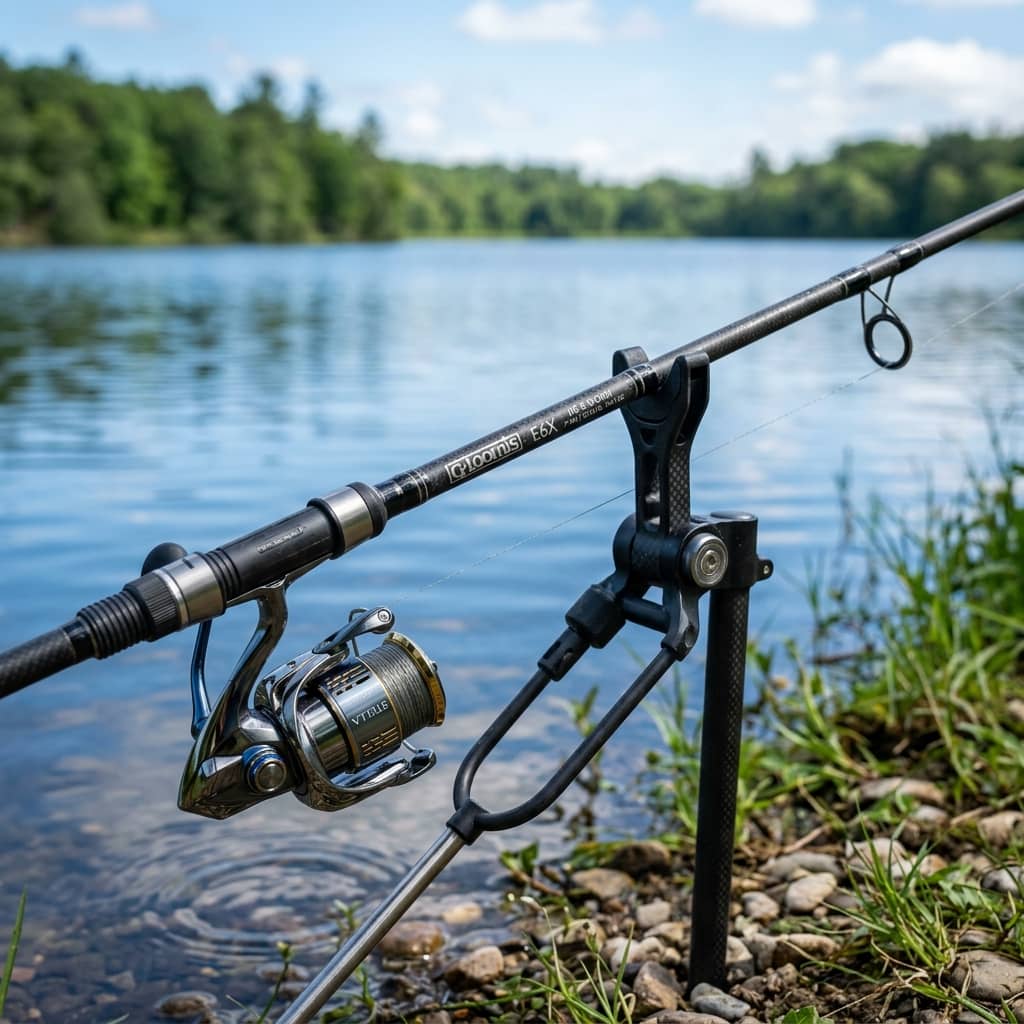Close de uma vara de pesca moderna apoiada na beira do lago calmo