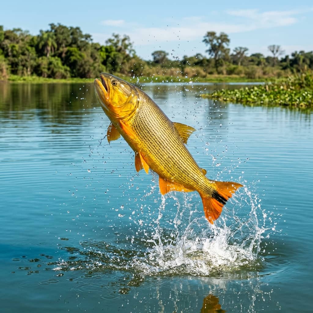 Dourado saltando espetacularmente fora da água do lago