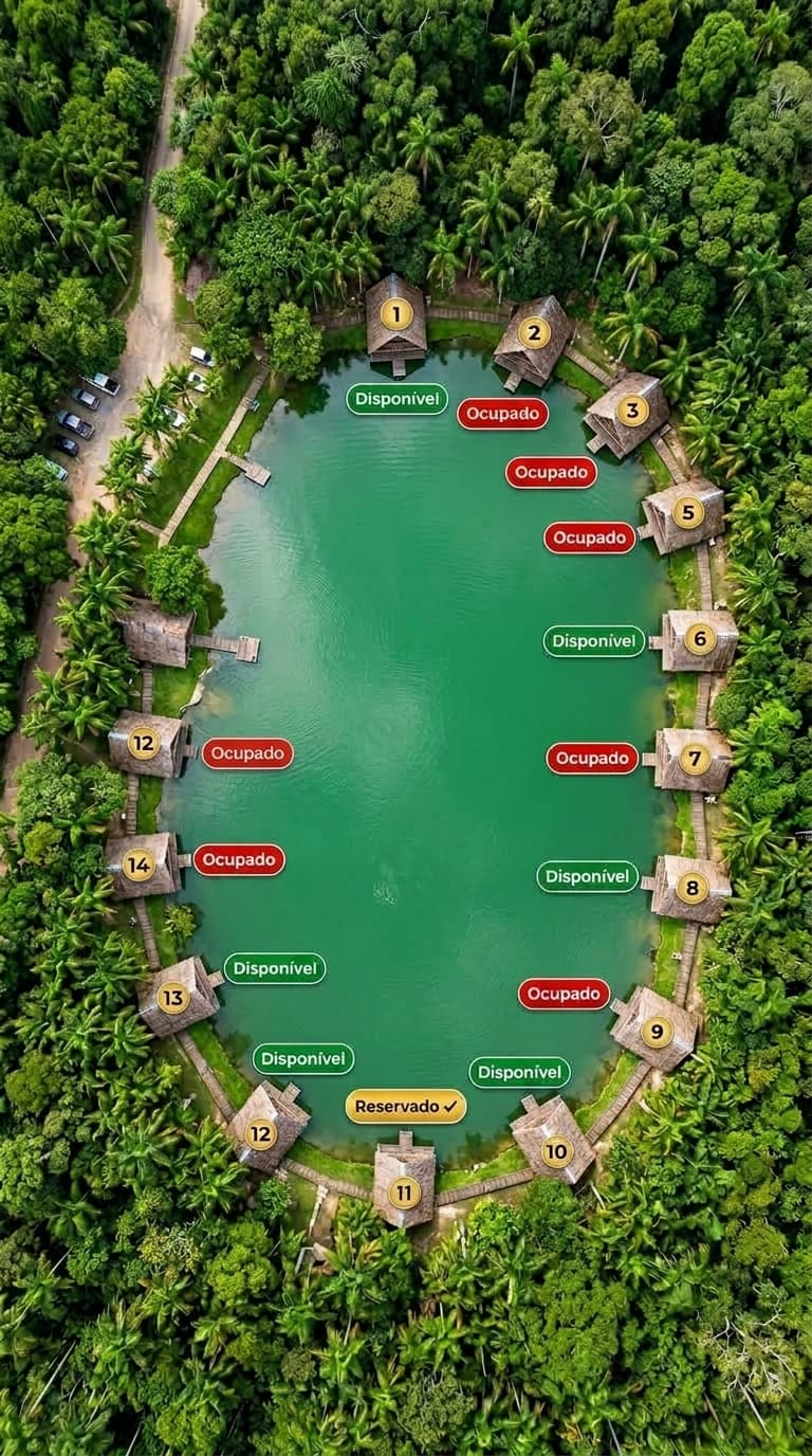 Vista aérea do lago com quiosques numerados e marcadores de disponibilidade